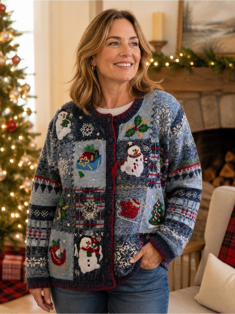 Tiara International Holiday Cardigan Sweater Snowman Patchwork Small